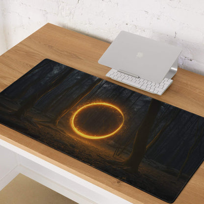 Large non-slip forest glow circle gaming mouse pad with golden ring design