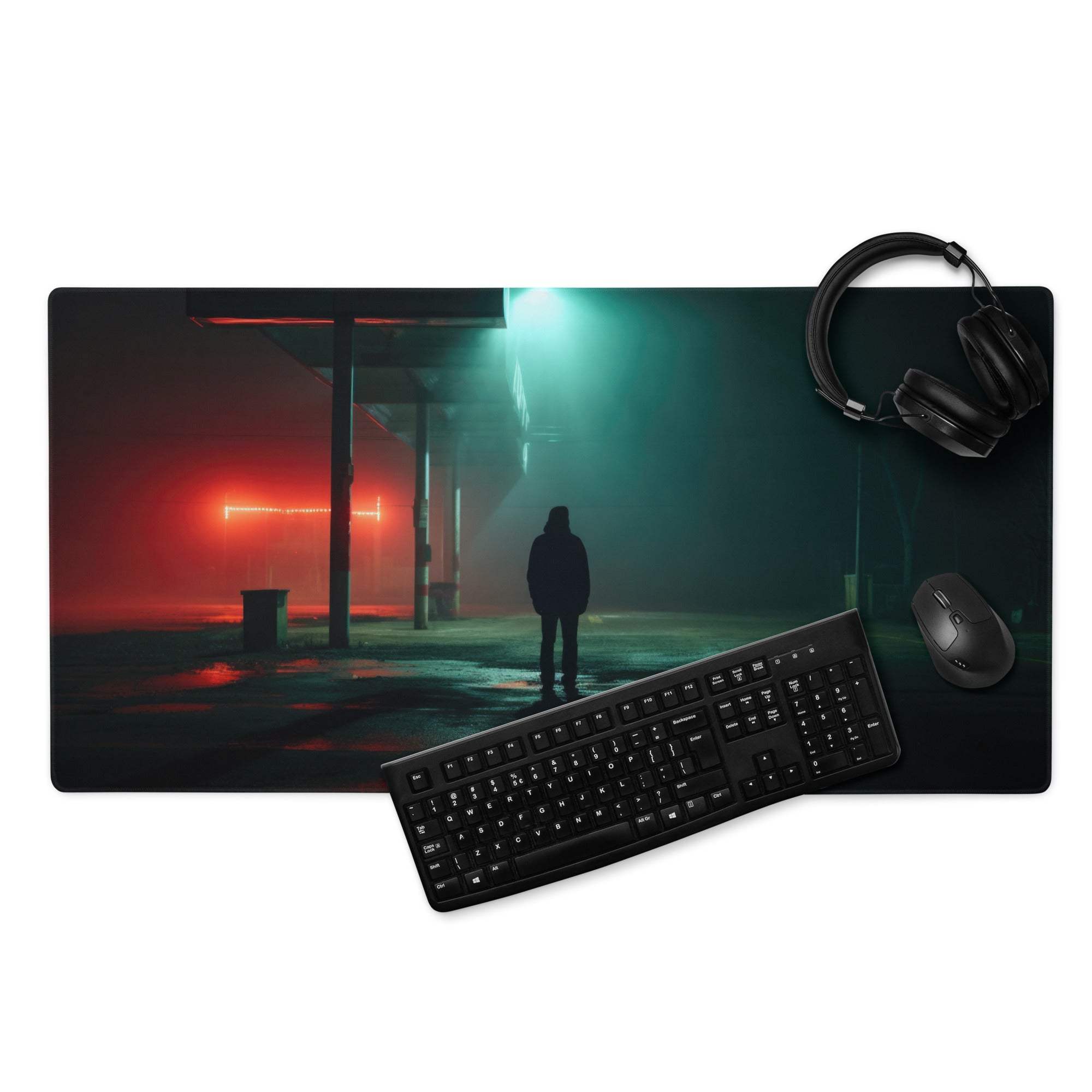 Black Noir Neon Night gaming mouse pad with moody urban neon figure art