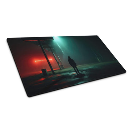 Noir Neon Night large gaming mousepad with foggy neon-lit alley art