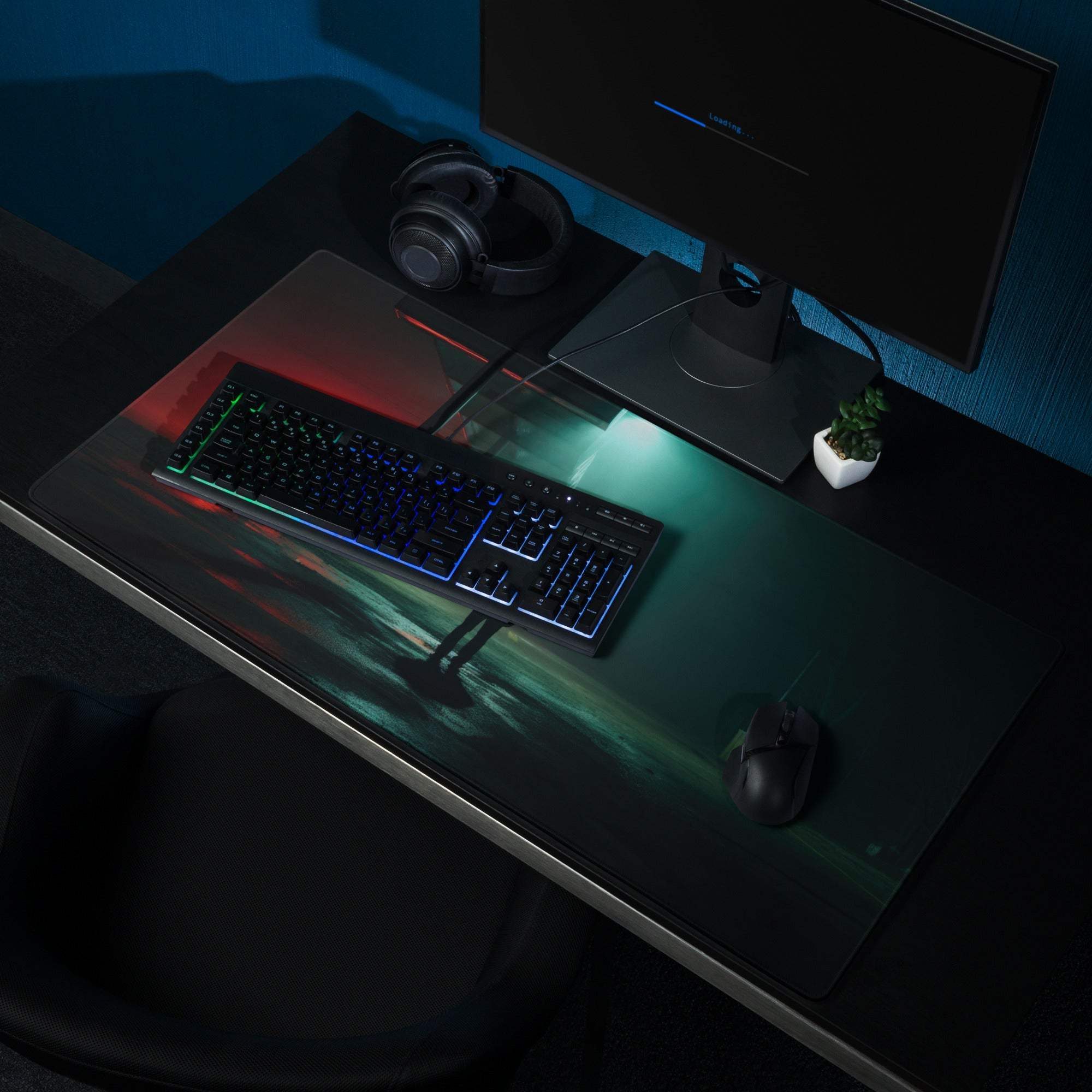 Black Noir Neon Night gaming mousepad with glowing green red silhouettes walking on water