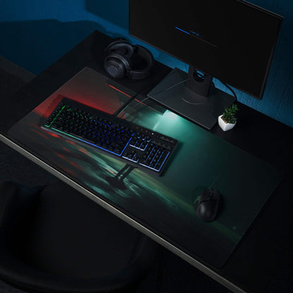 Black Noir Neon Night gaming mousepad with glowing green red silhouettes walking on water