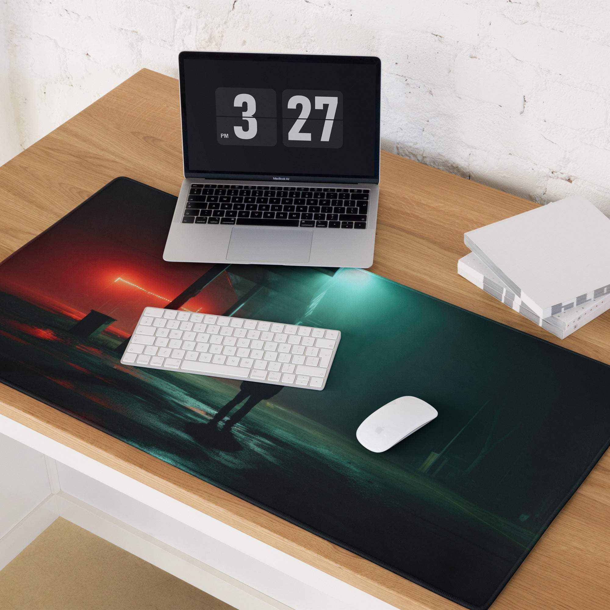 Black Noir Neon Night gaming mousepad with red teal digital art silhouettes