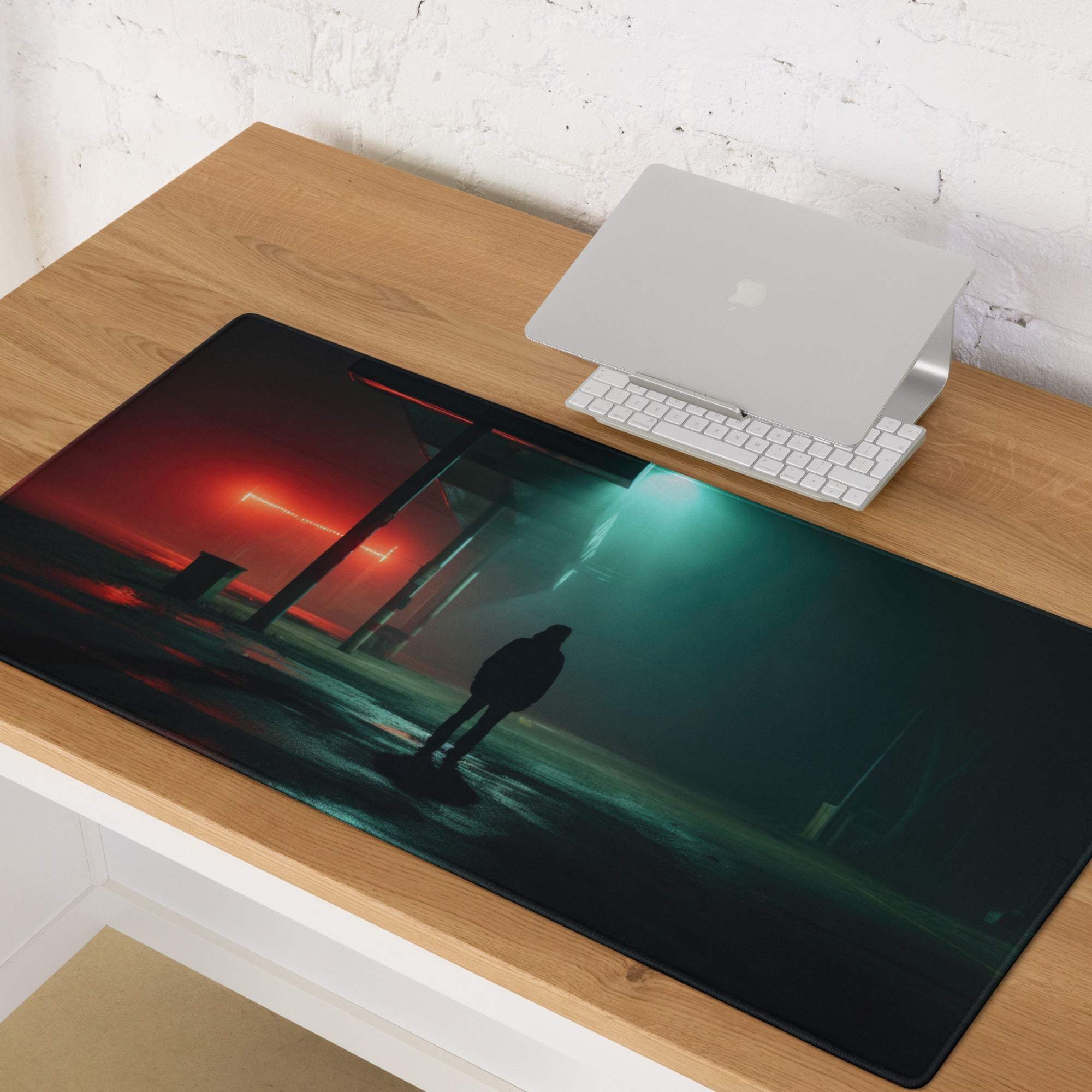 Noir Neon Night gaming mouse pad with moody neon-lit figure under archway