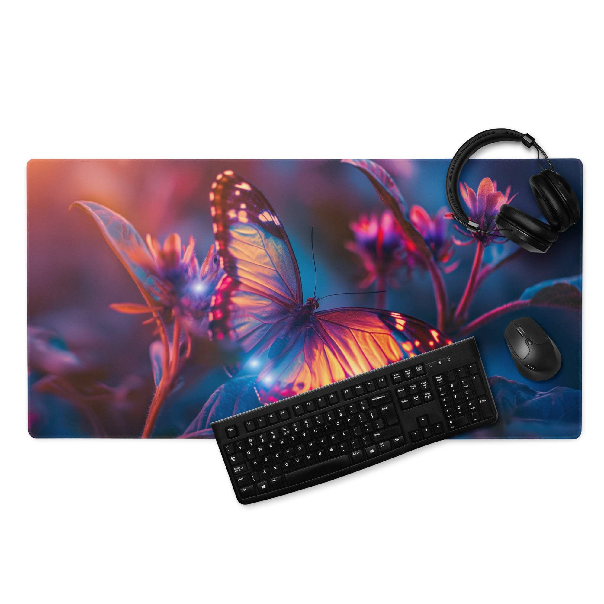 Vibrant butterfly garden gaming mouse pad with glow, large surface, non-slip backing