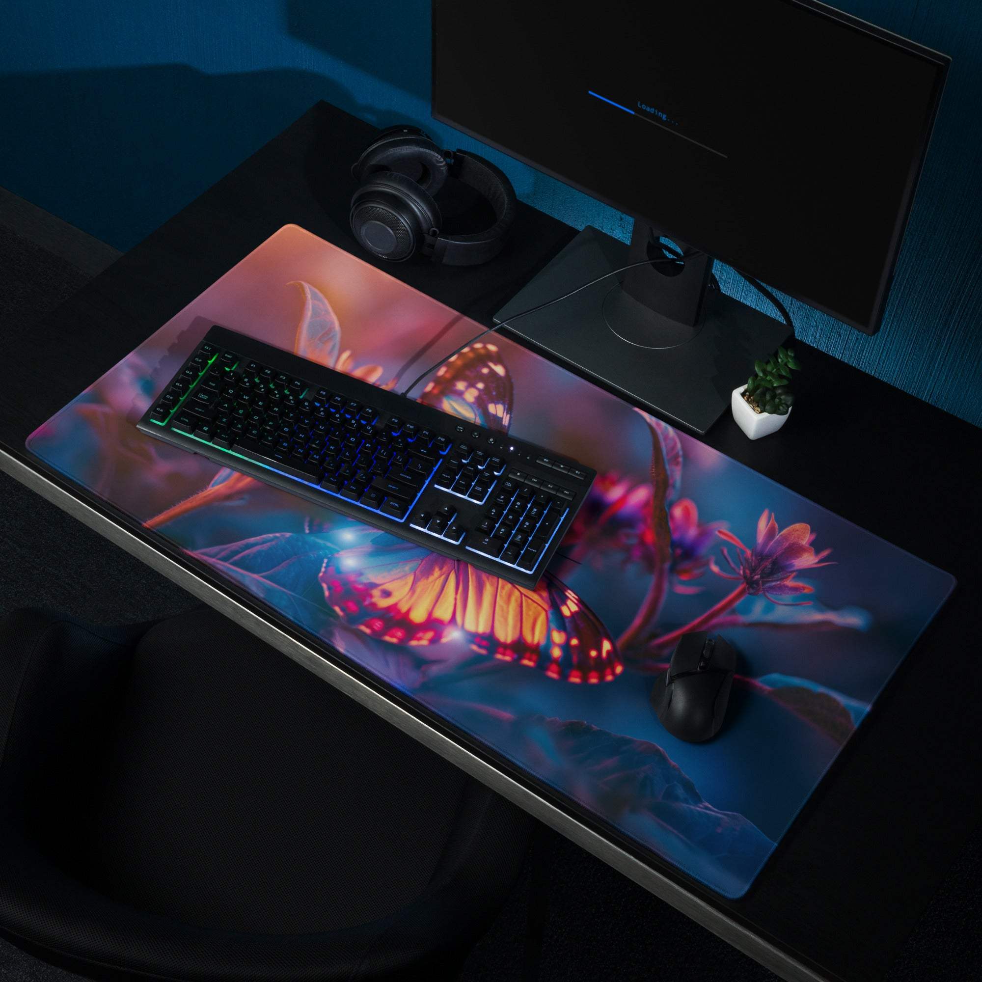 Vibrant butterfly garden gaming mouse pad with glow, large surface, non-slip backing