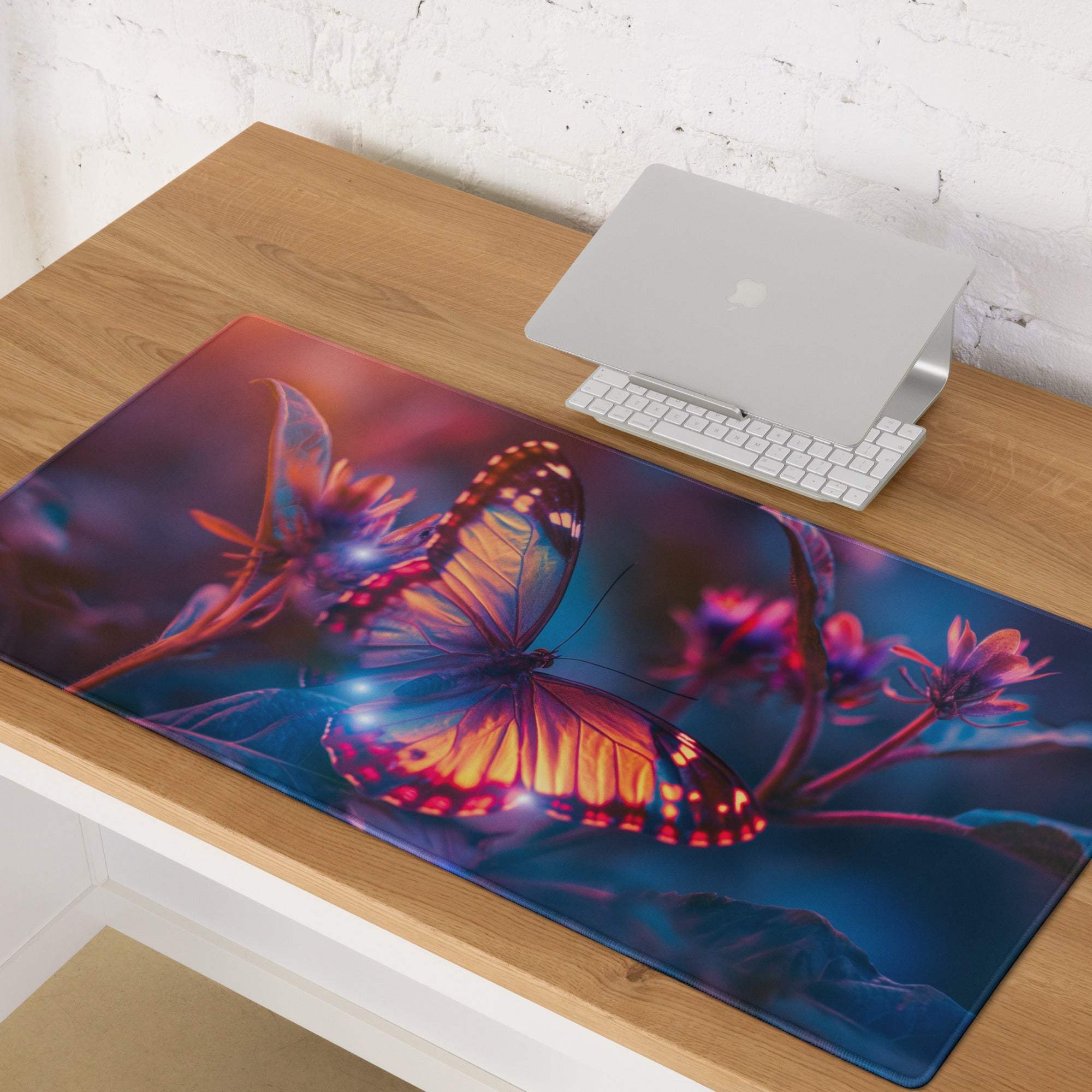 Vibrant butterfly garden gaming mouse pad with glow wings, large non-slip surface