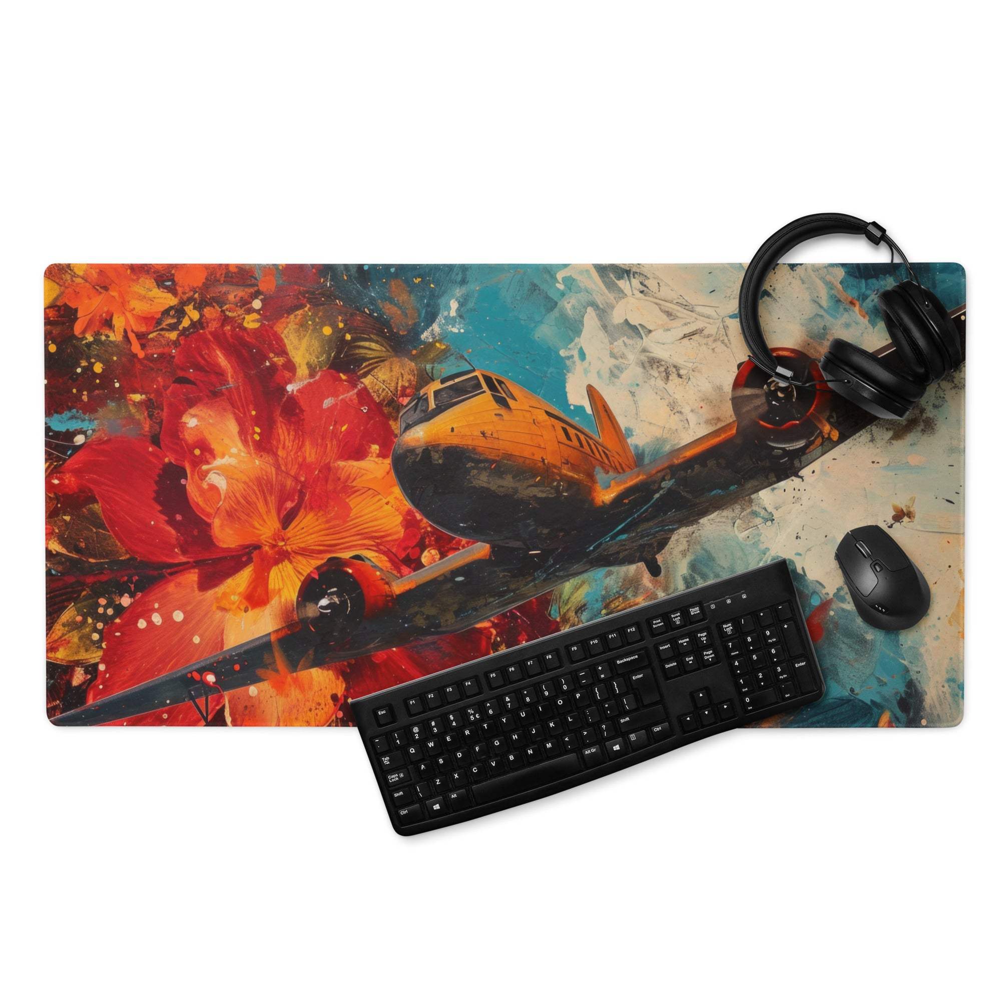 Vibrant airplane gaming mouse pad with red orange floral patterns on blue textured background