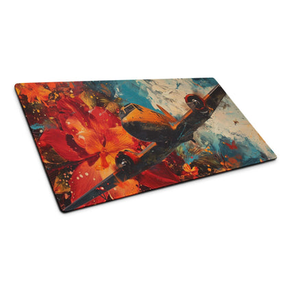 Vibrant airplane in fiery floral blooms on large gaming mouse pad