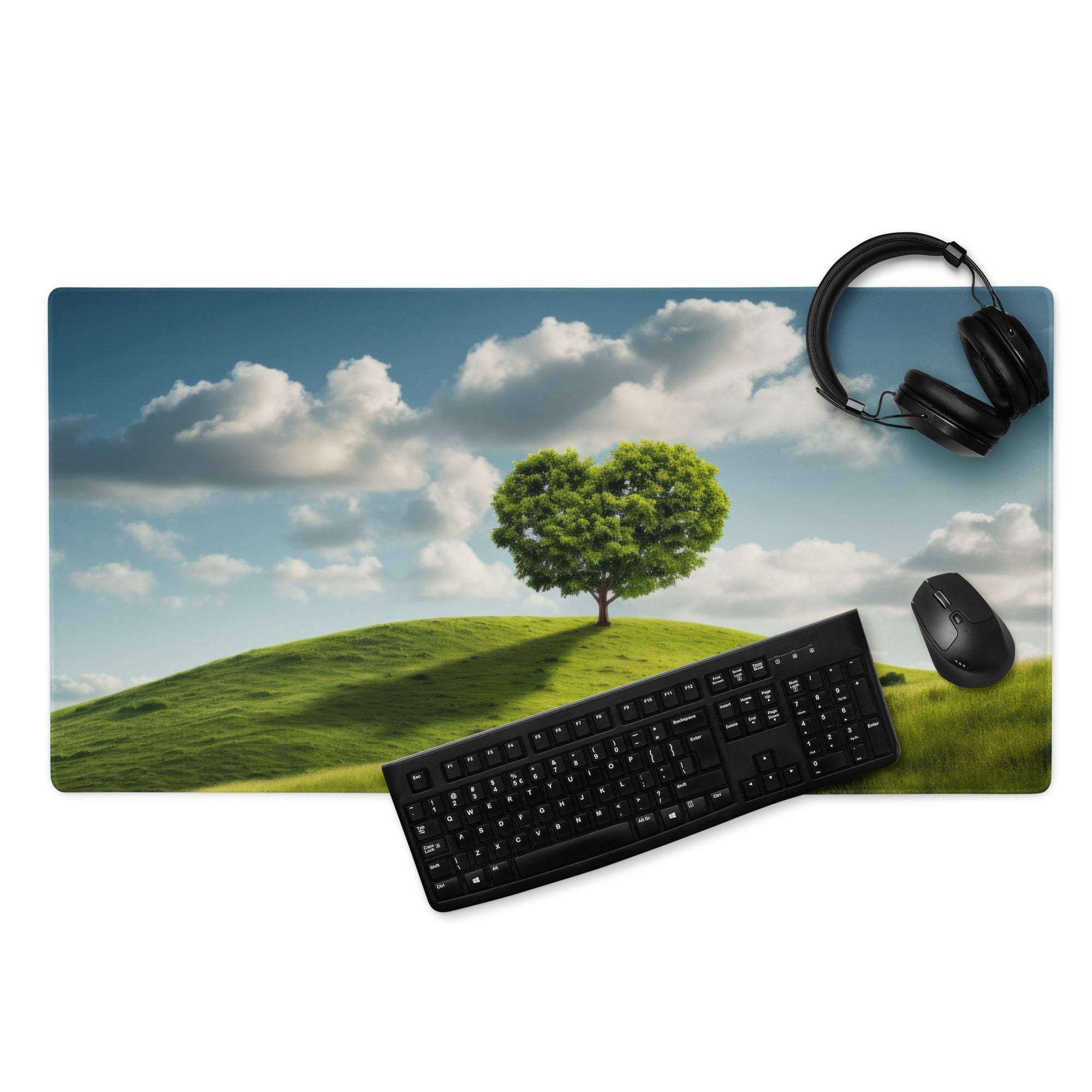 Vibrant heart-shaped tree on green hill, large gaming mouse pad