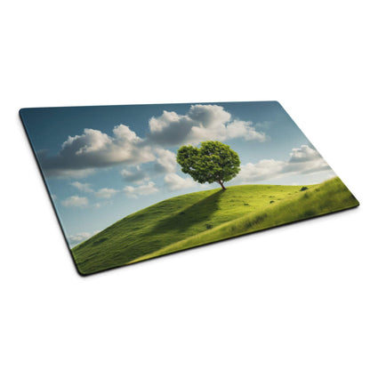 Vibrant green tree with heart leaves on hill, calm blue sky mouse pad print