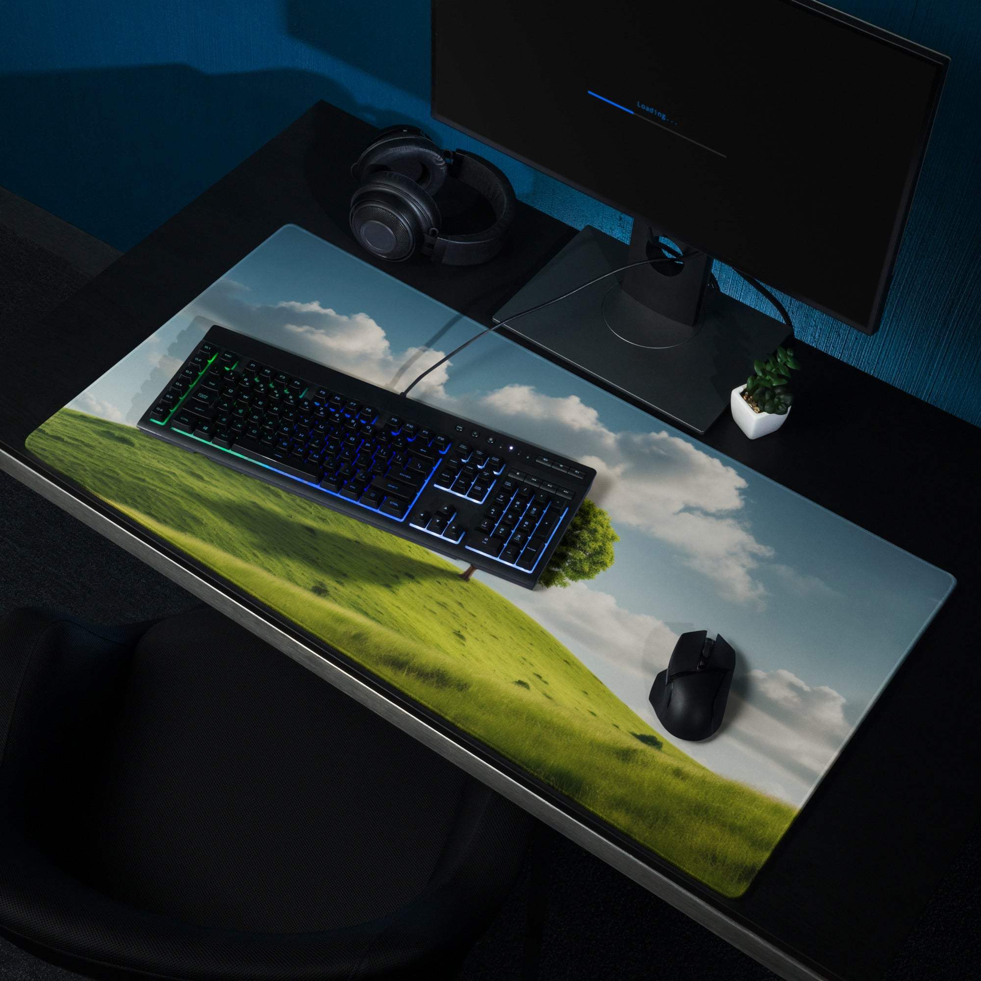 Vibrant landscape tree on hill gaming mouse pad with green hills and blue sky