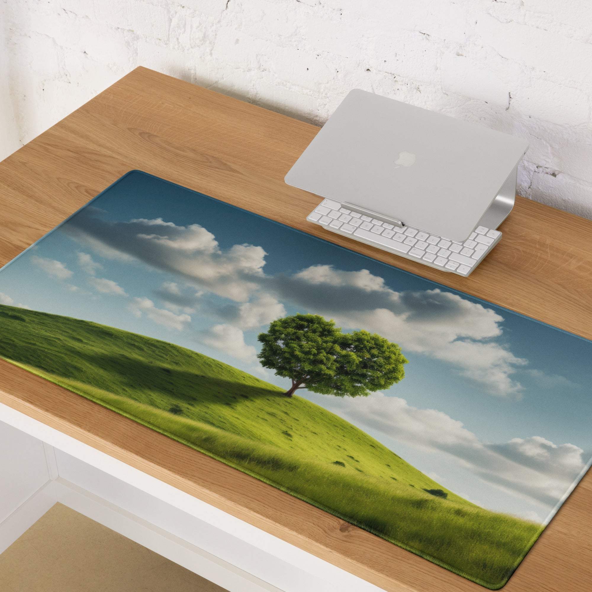 Vibrant green tree with heart leaves on hill gaming mouse pad