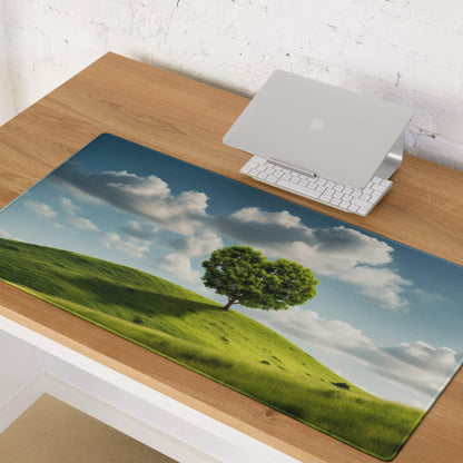 Vibrant green tree with heart leaves on hill gaming mouse pad