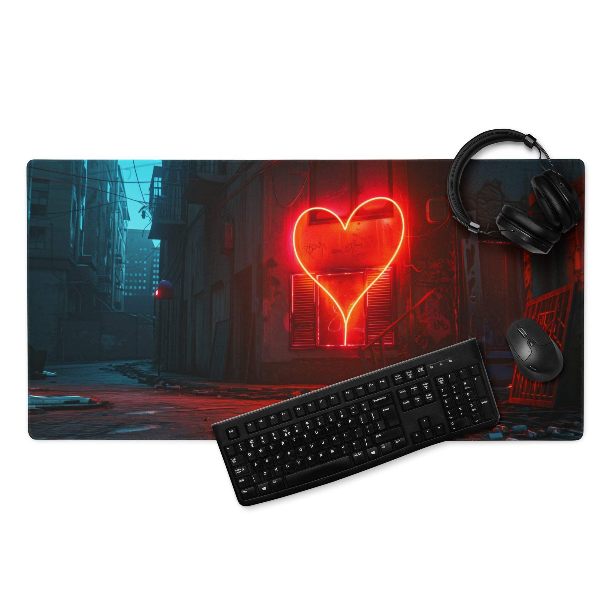 Cyberpunk neon heart in red glow alley at night gaming mouse pad