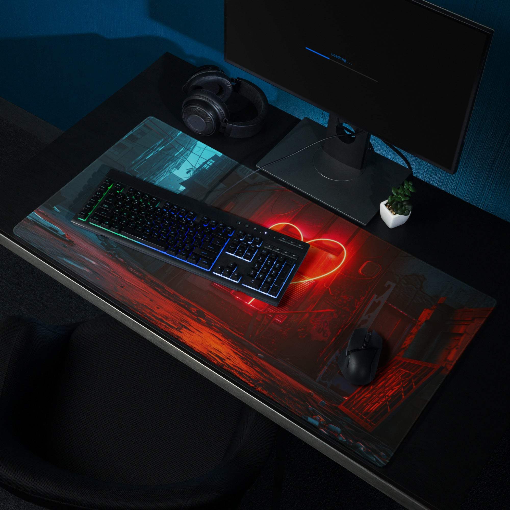 Cyberpunk neon heart in red glowing alley gaming mouse pad