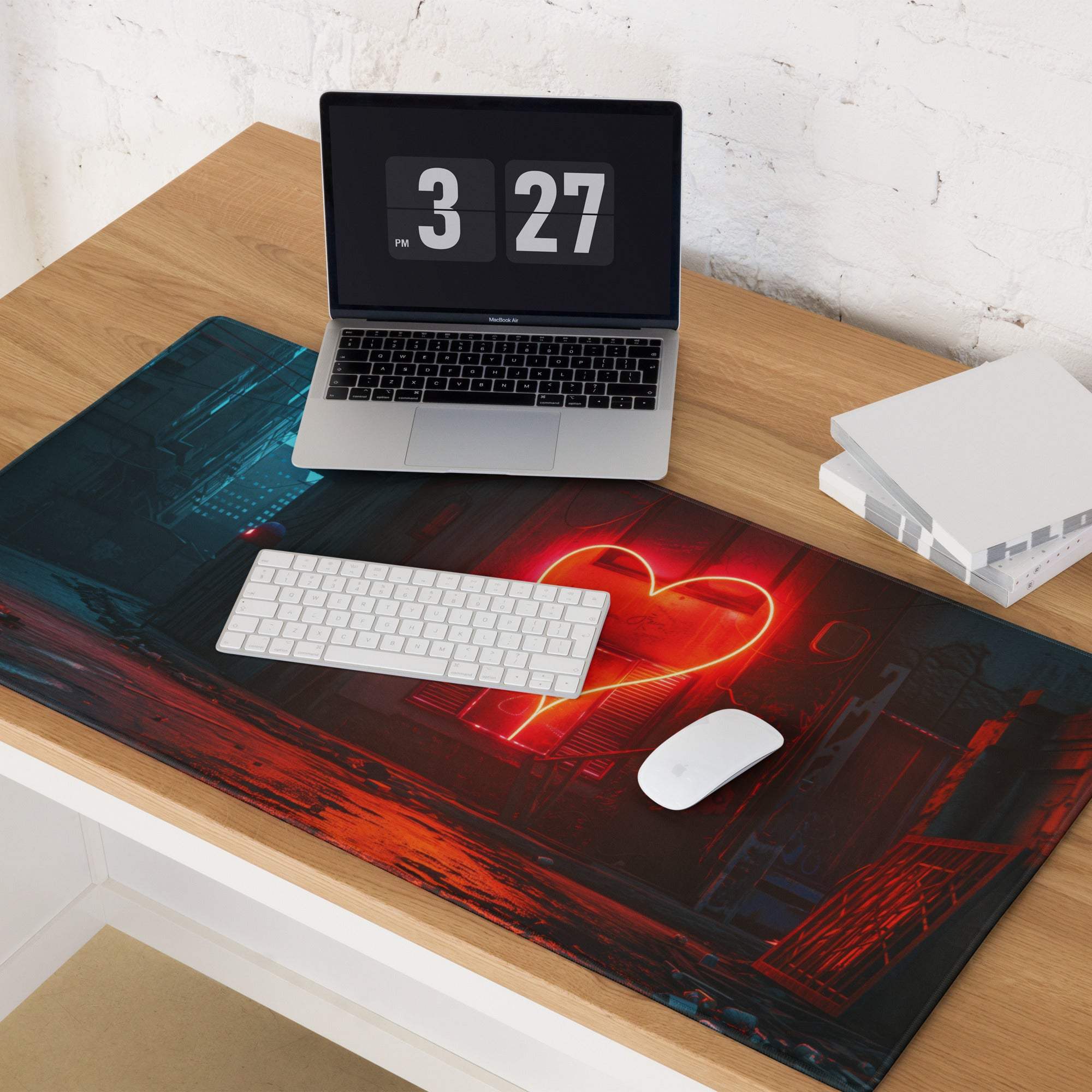 Cyberpunk neon heart in alley at night red glow gaming mouse pad