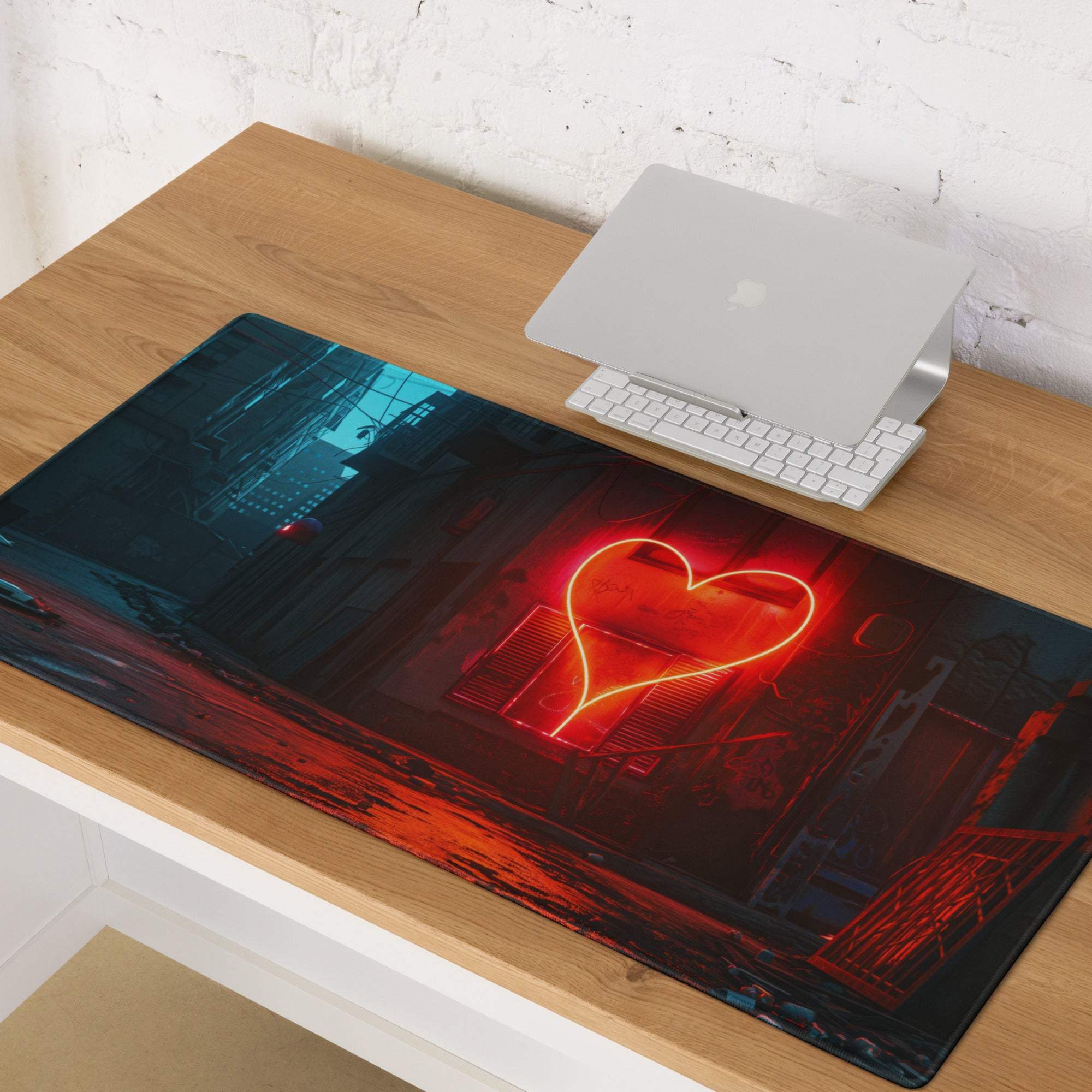Cyberpunk neon heart in alley at night red glow gaming mouse pad