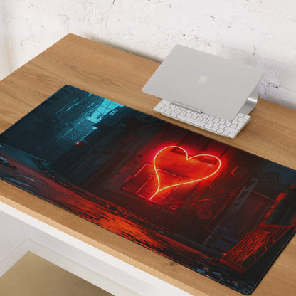 Cyberpunk neon heart in alley at night red glow gaming mouse pad