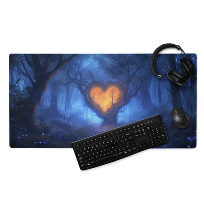 Blue fantasy forest gaming mousepad with glowing orange heart in twilight mist