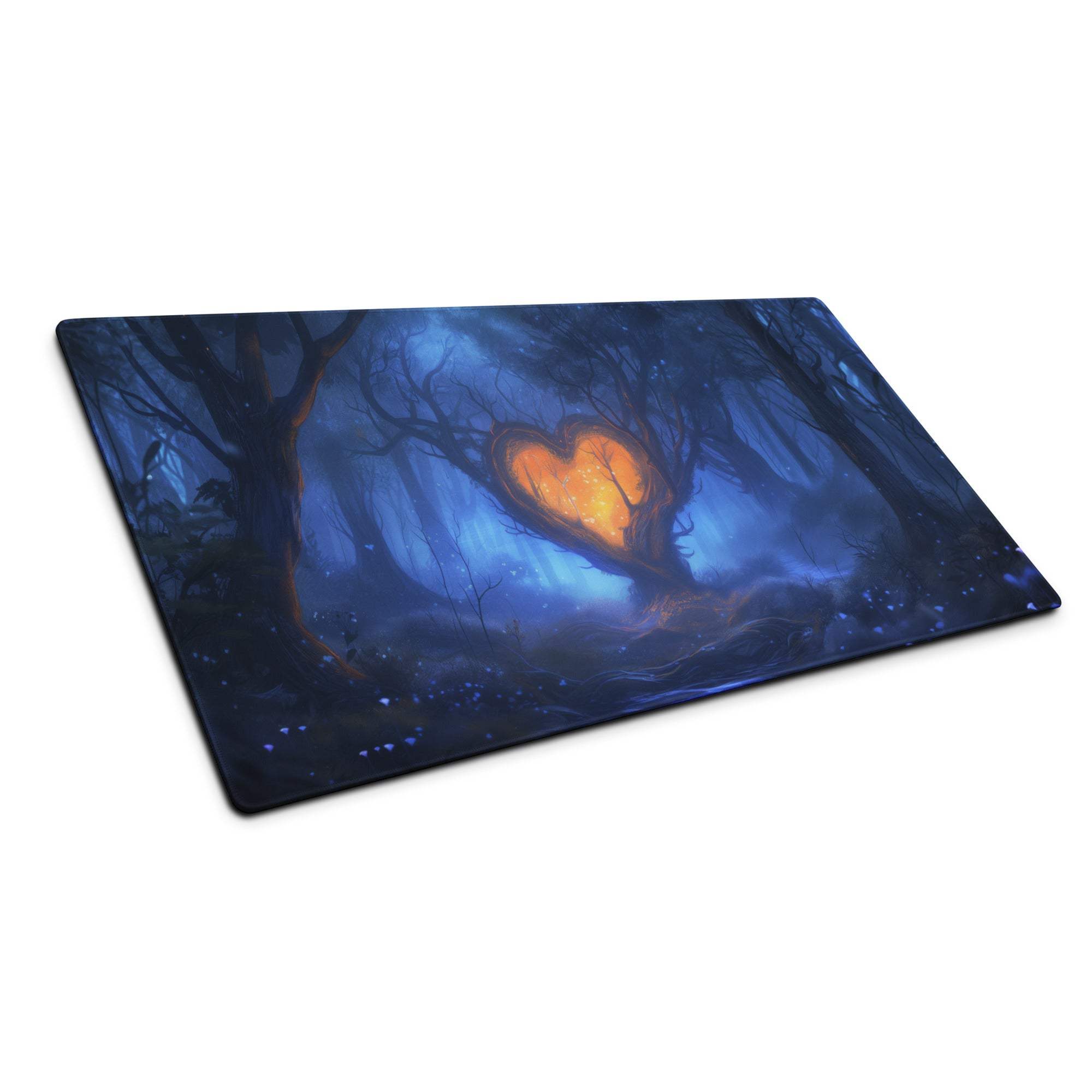 Epic Enchanting Fantasy Forest Heart Grove gaming mouse pad with twilight mist blue glow