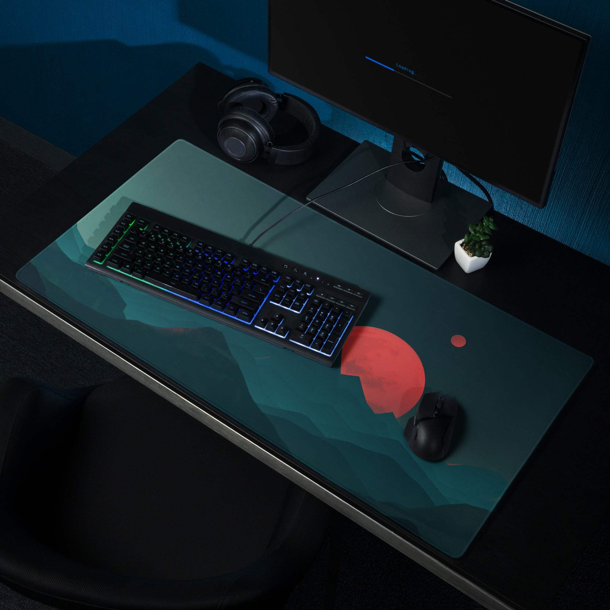 Teal and red abstract Epic Mountain Landscape gaming mouse pad