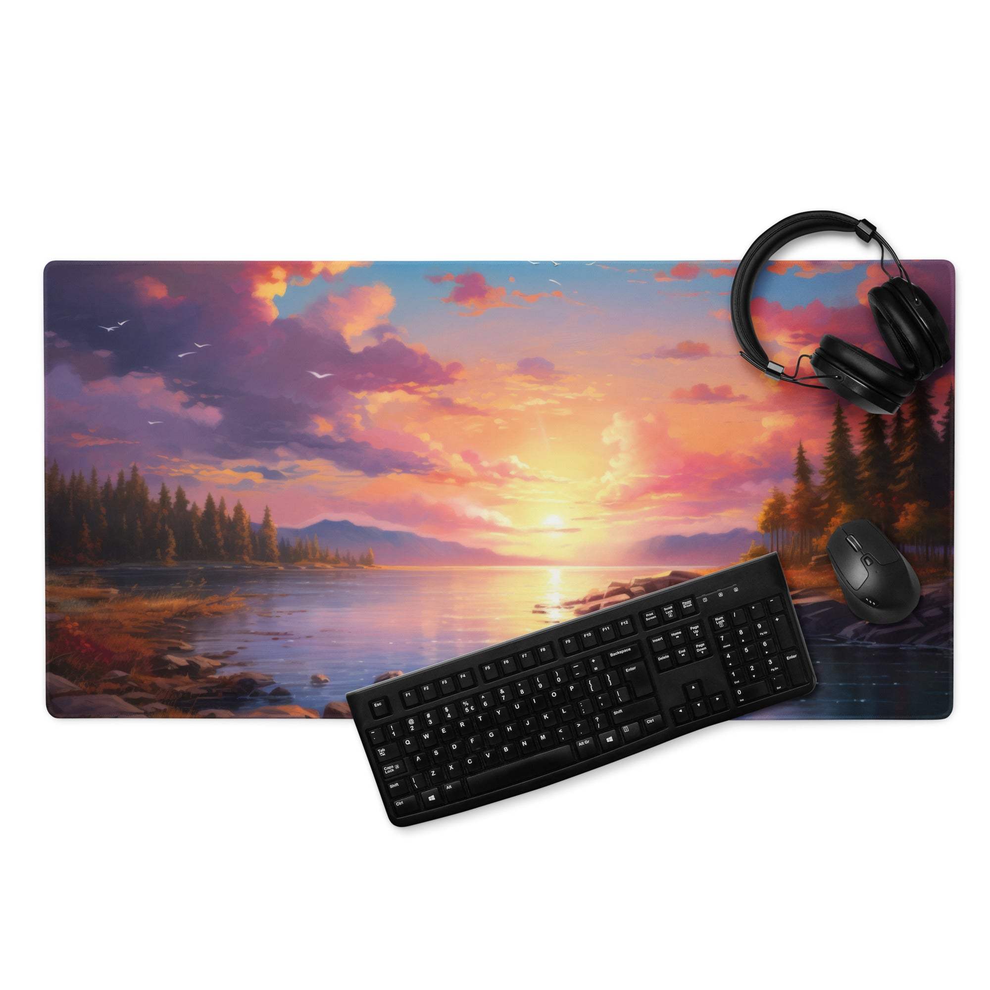 Sunset lake gaming mouse pad with vibrant landscape, non-slip base, stitched edges