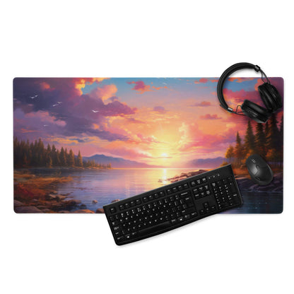 Sunset lake gaming mouse pad with vibrant landscape, non-slip base, stitched edges