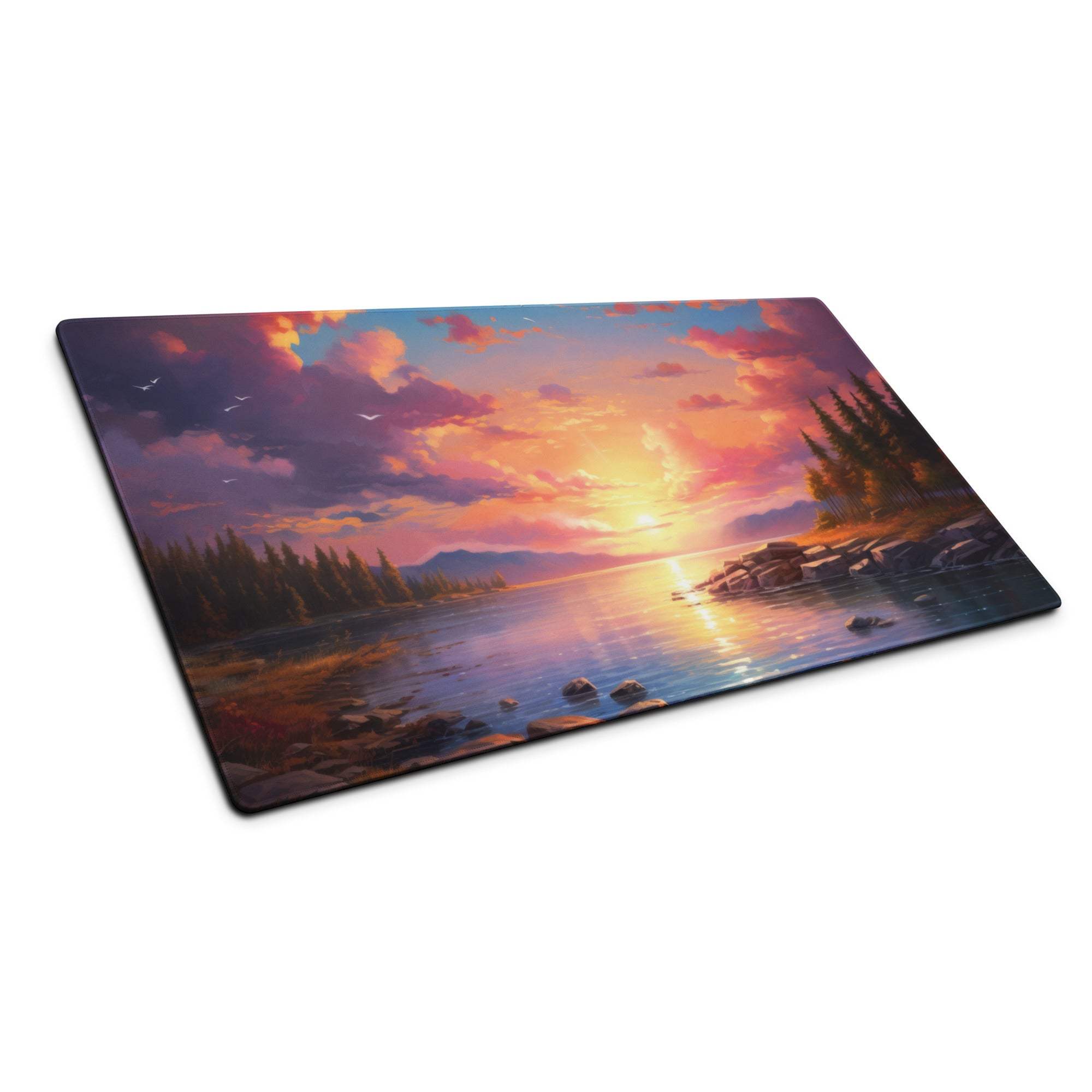 Vibrant sunset lake gaming mouse pad with non-slip base and stitched edges