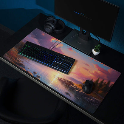Sunset lake gaming mouse pad with vibrant water sunset, non-slip base, stitched edges