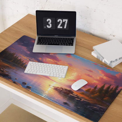 Vibrant sunset lake gaming mouse pad with non-slip base and stitched edges