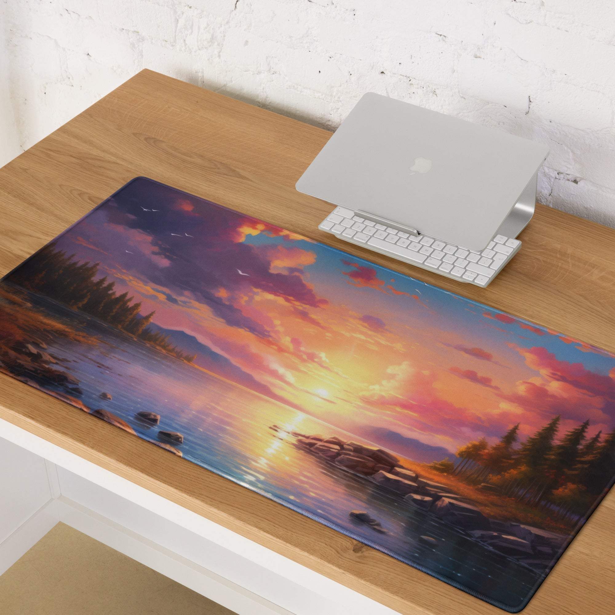Vibrant sunset lake gaming mouse pad with non-slip base and stitched edges
