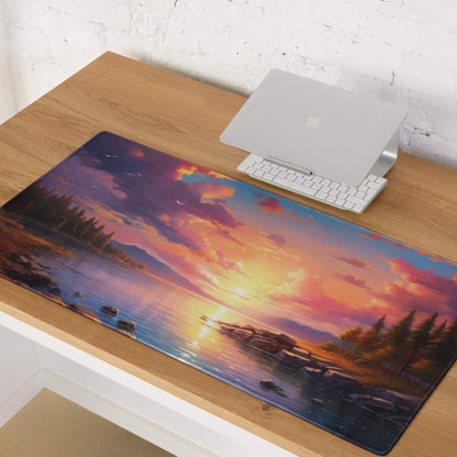 Vibrant sunset lake gaming mouse pad with non-slip base and stitched edges
