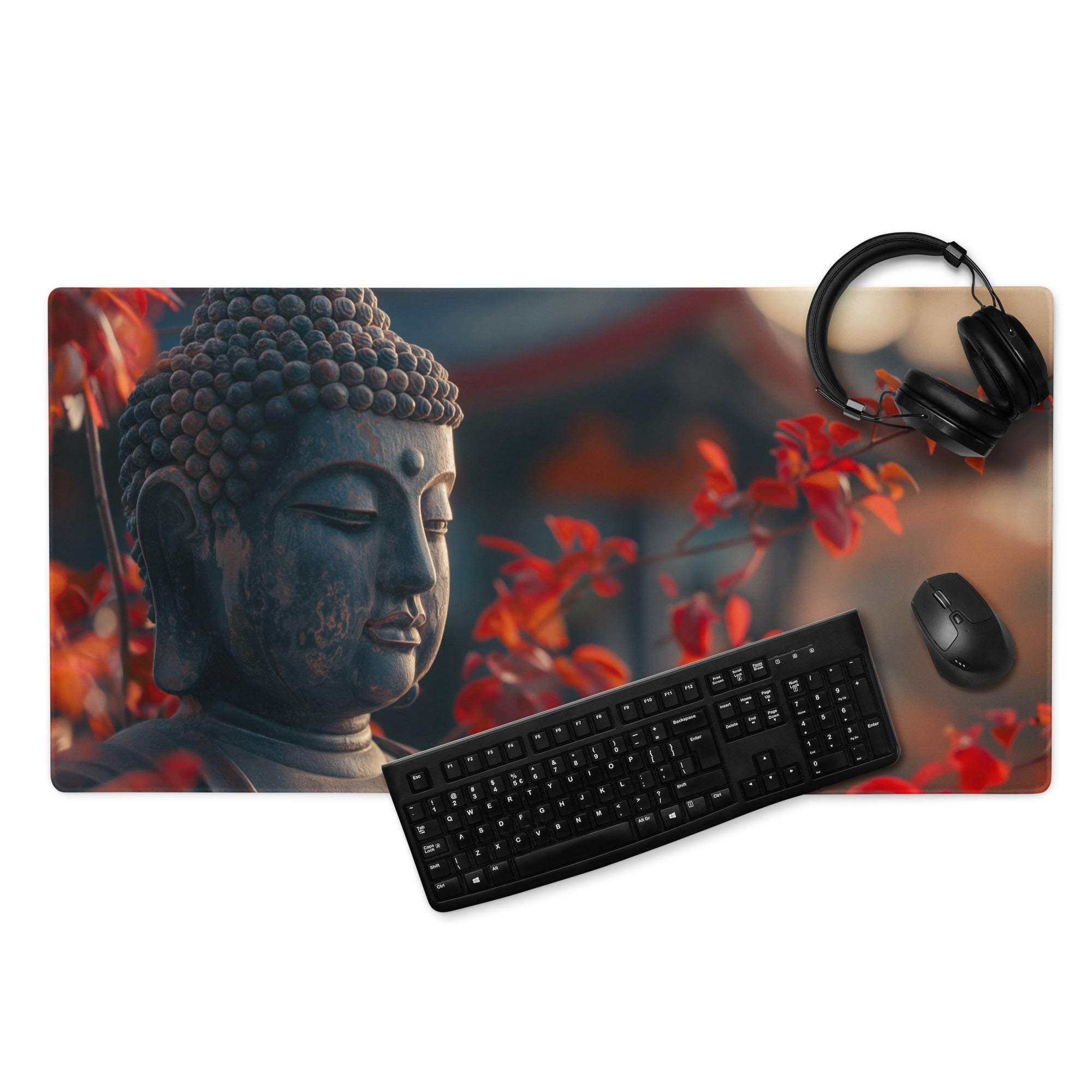 Premium large non-slip gaming desk pad with serene Buddha statue and red autumn leaves