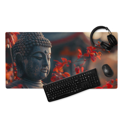 Premium large non-slip gaming desk pad with serene Buddha statue and red autumn leaves