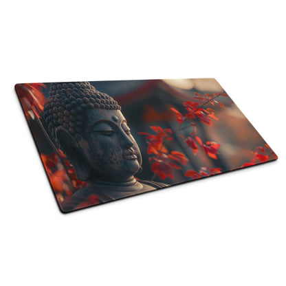 Premium large non-slip gaming desk pad with serene Buddha head on red autumn leaves