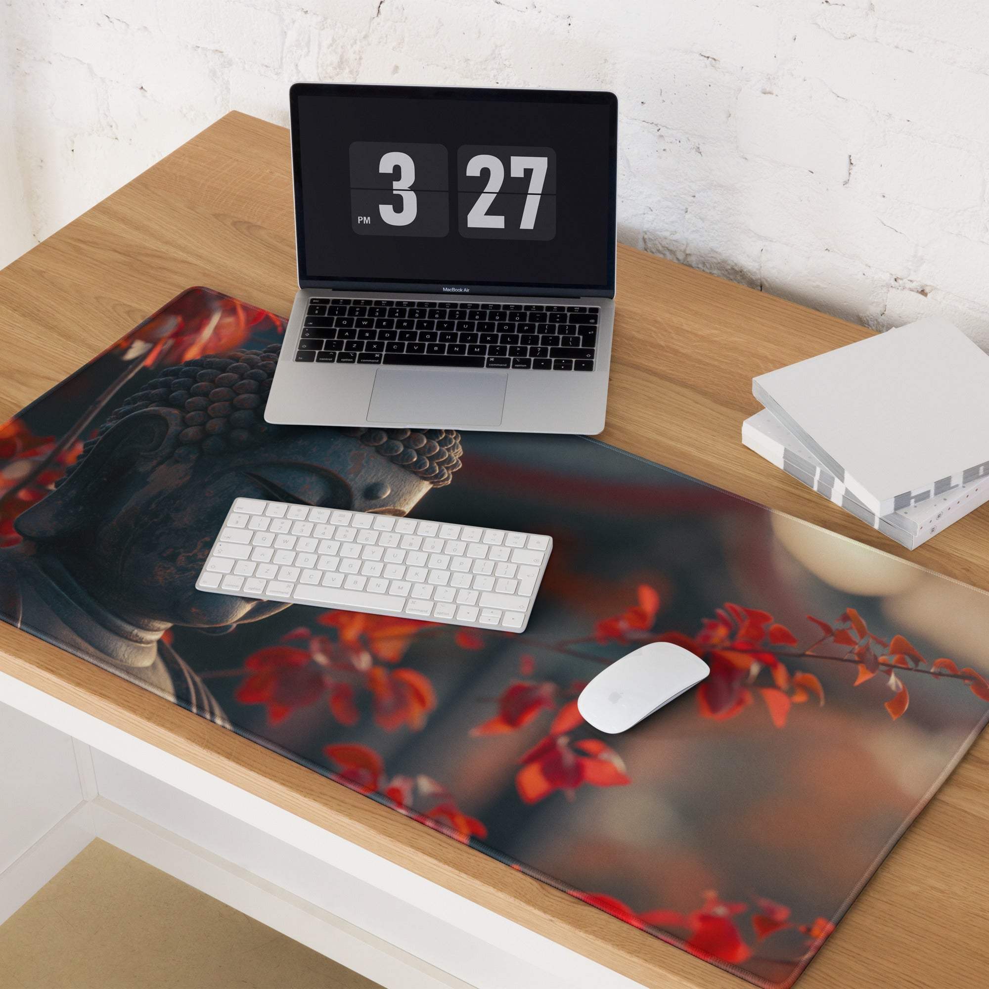 Premium large non-slip gaming desk pad with dark Buddha head and red autumn leaves