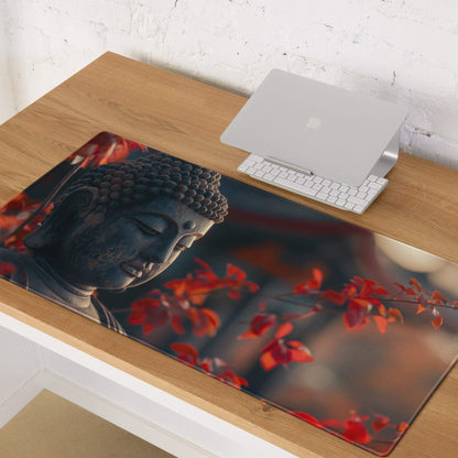 Premium large non-slip gaming mouse pad with black Buddha head on red autumn leaves