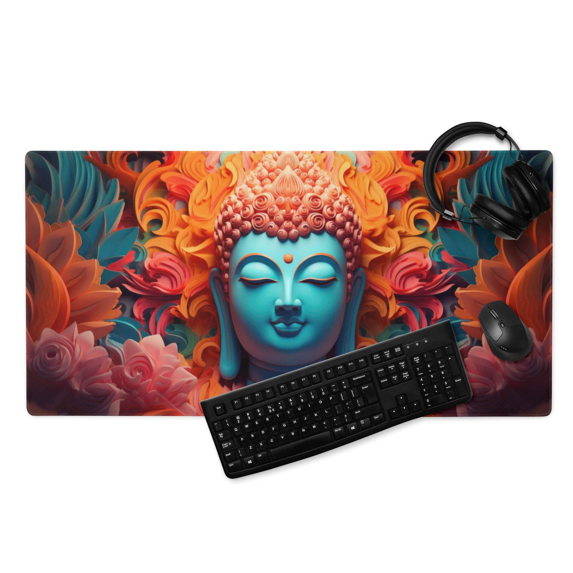 Vibrant turquoise Buddha portrait with fiery floral gaming mouse pad