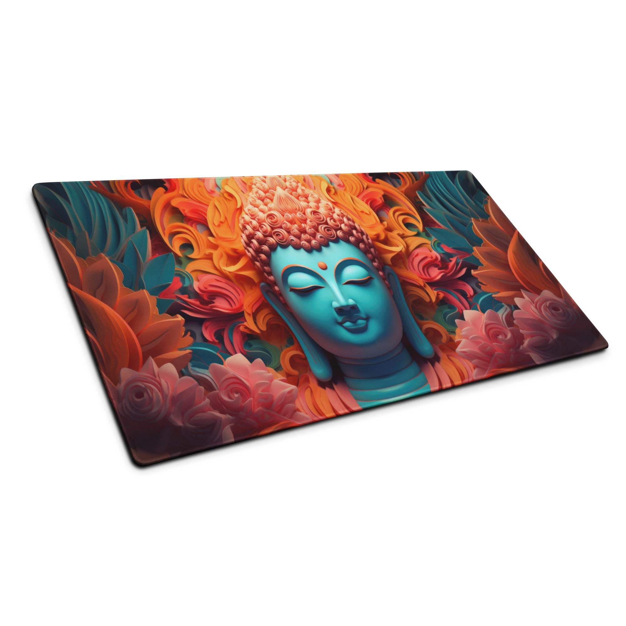 Vibrant turquoise Buddha head with orange pink floral swirls on gaming mouse pad