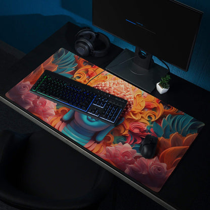 Vibrant turquoise Buddha portrait with fiery floral gaming mouse pad