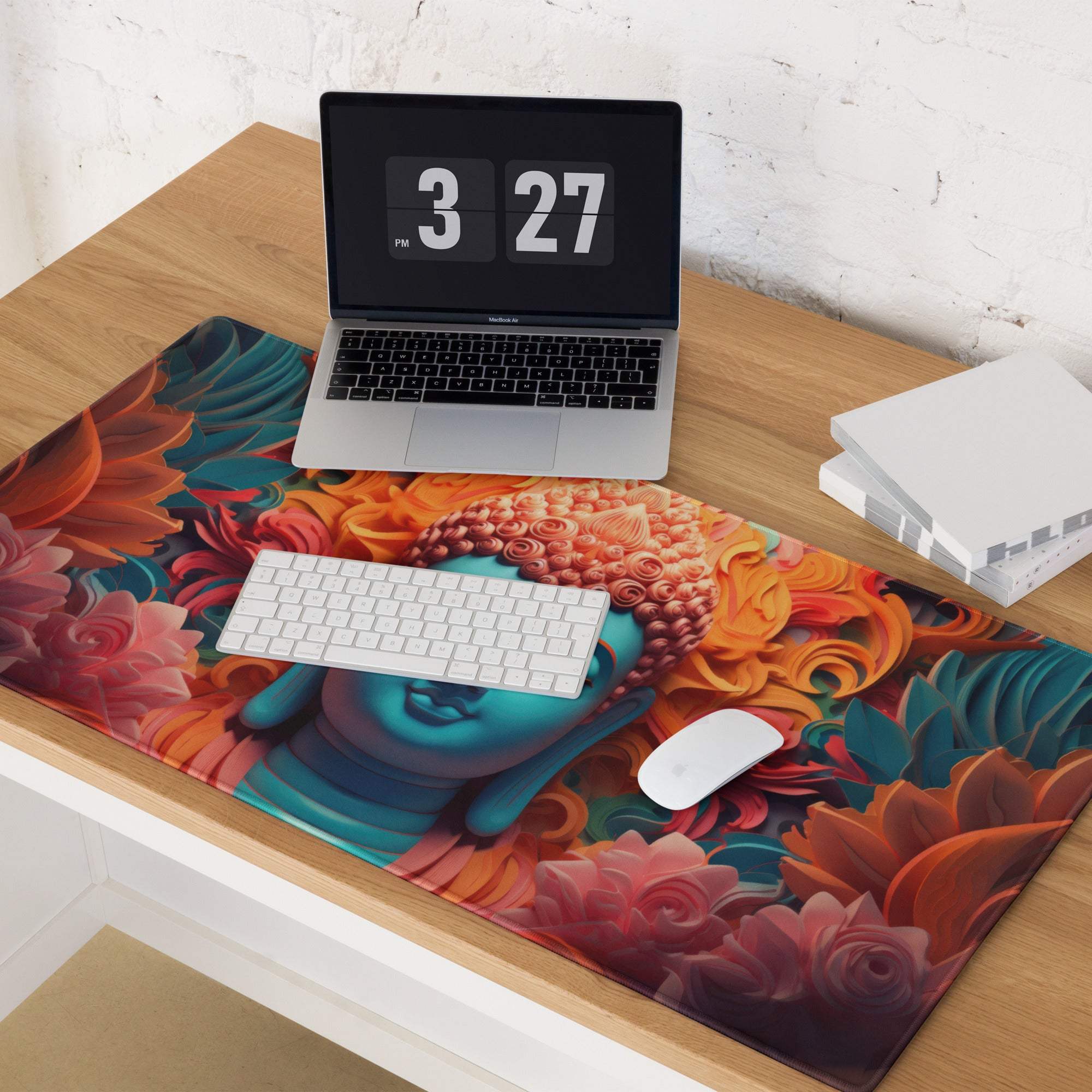 Vibrant turquoise Buddha portrait with fiery floral gaming mouse pad