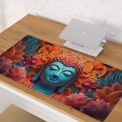 Vibrant turquoise Buddha portrait with fiery floral backdrop on premium gaming mouse pad