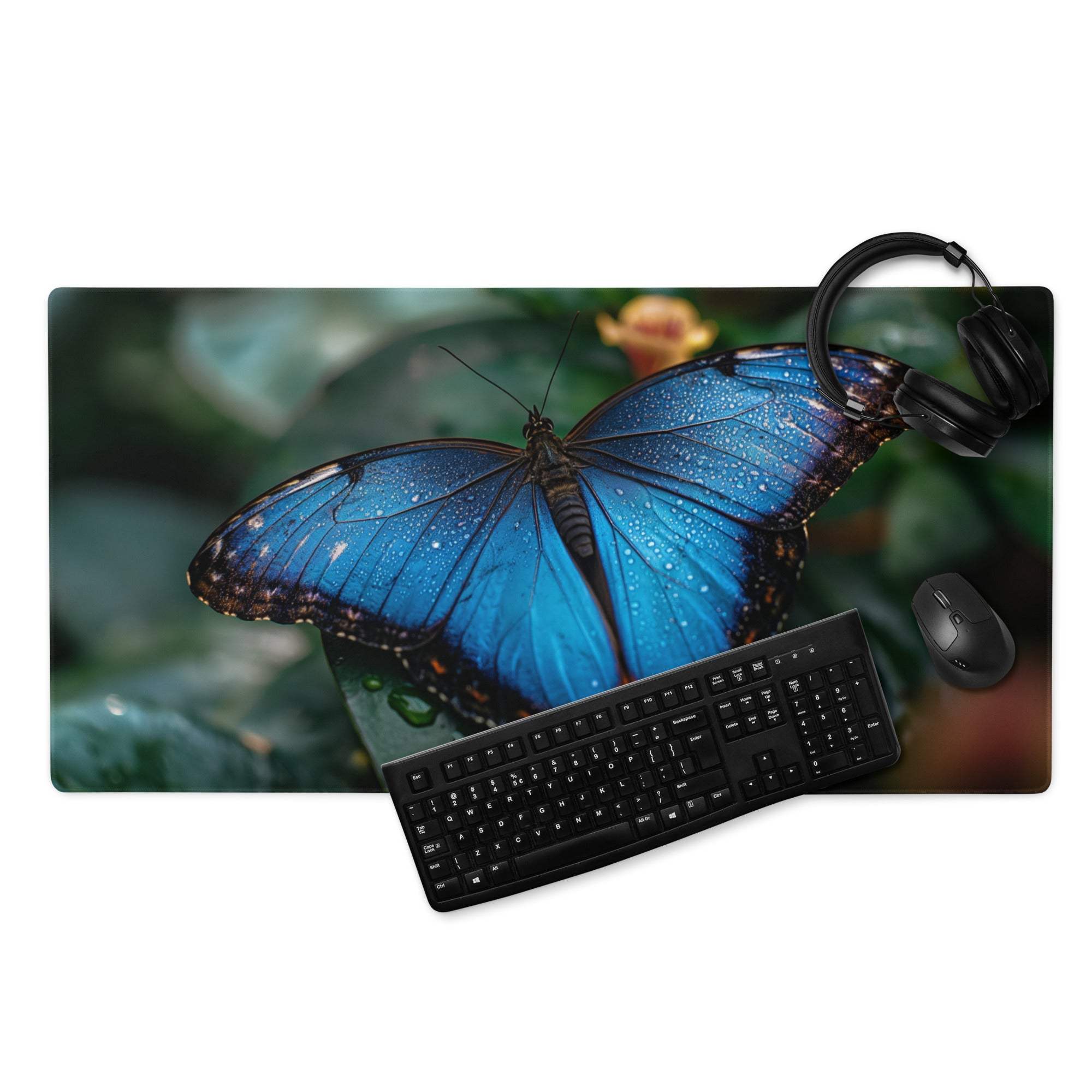 Vibrant blue morpho butterfly large gaming mouse pad with keyboard and mouse