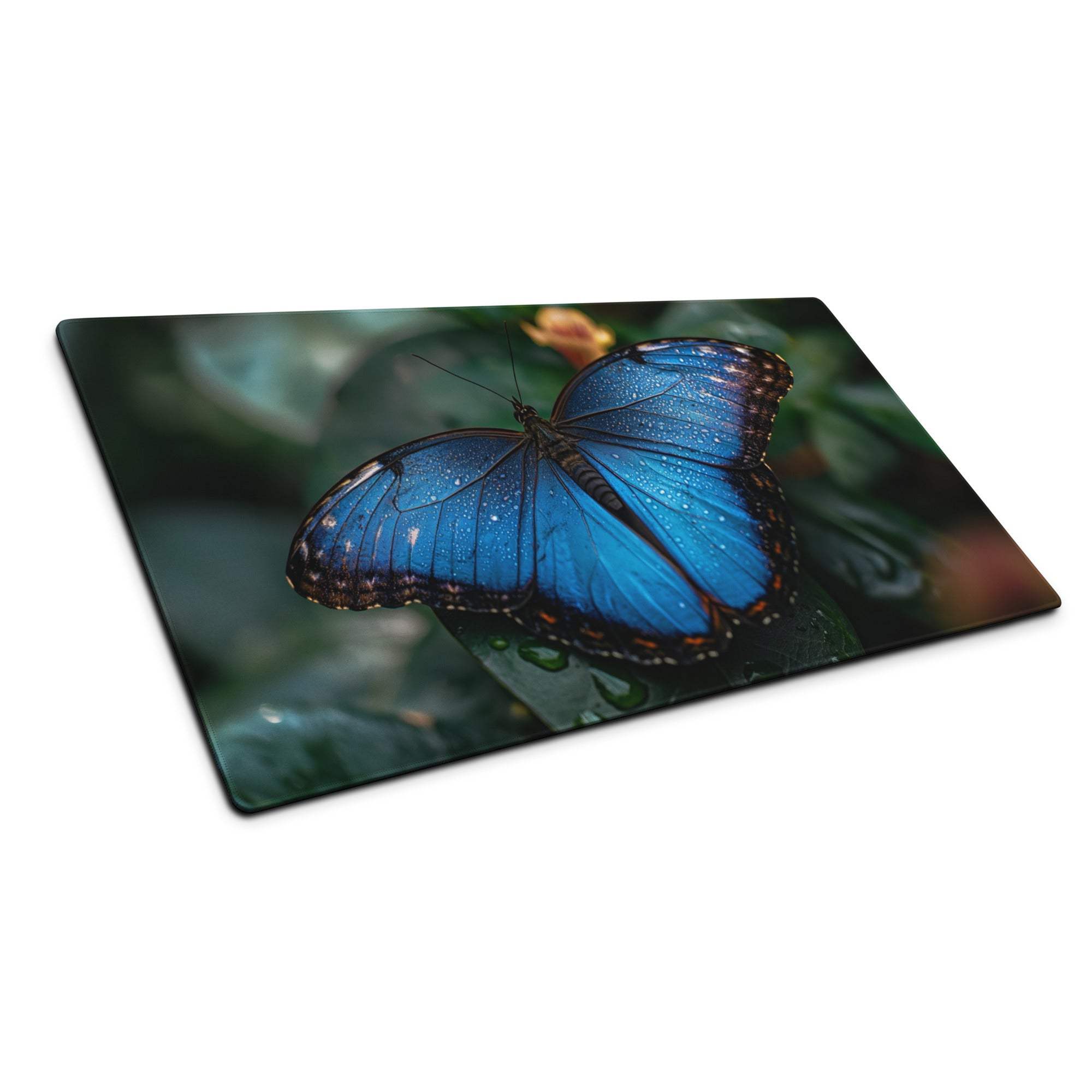Vibrant blue butterfly mouse pad on cutting board with non-slip backing