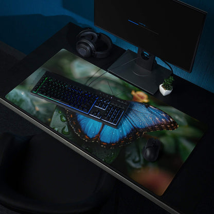 Vibrant blue butterfly large gaming mouse pad with detailed wings glossy finish