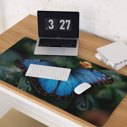Vibrant blue butterfly large gaming mouse pad with detailed wings, dew drops, glossy finish