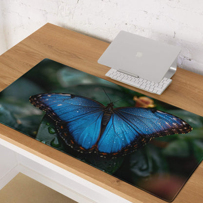 Vibrant blue butterfly on large gaming mouse pad with nature scene
