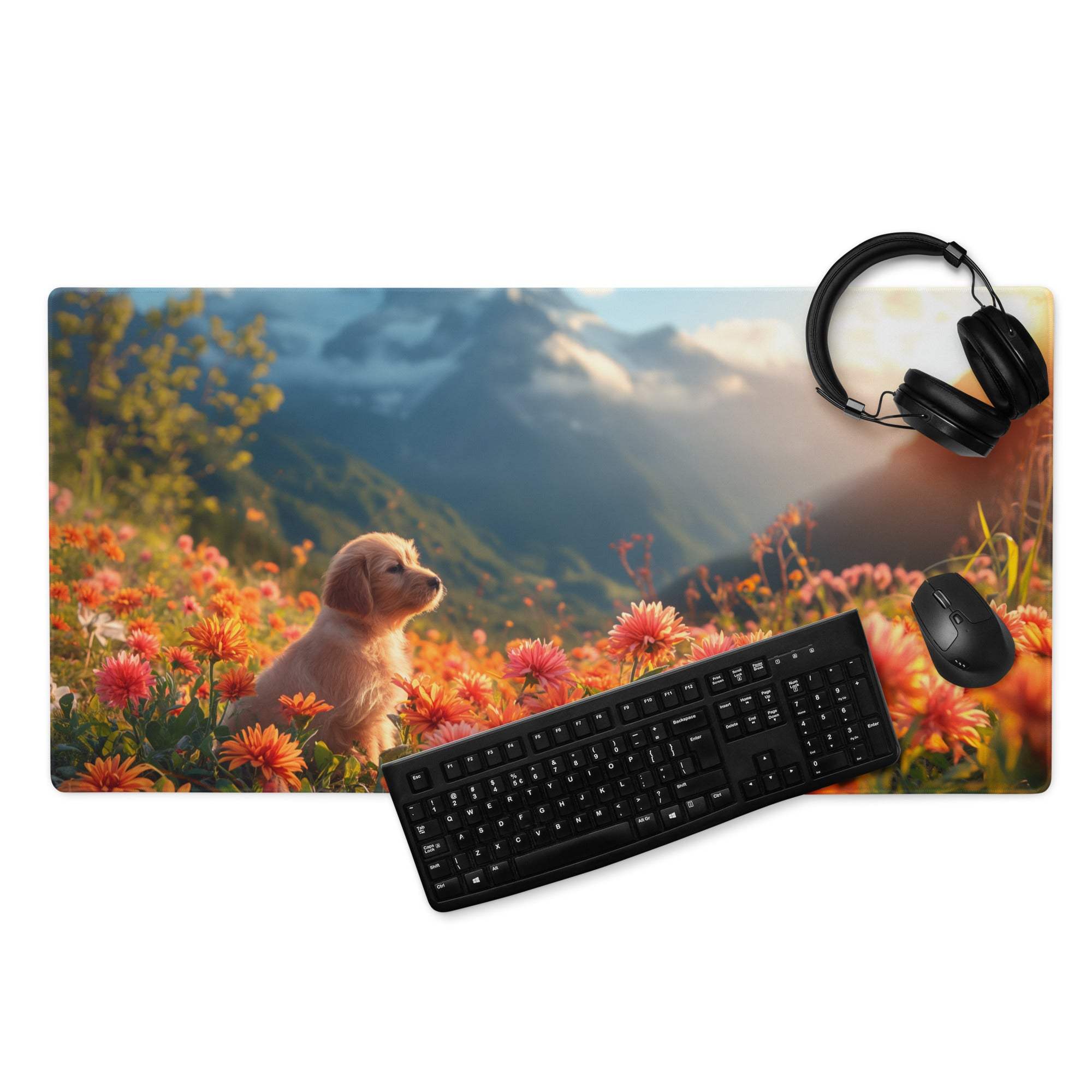 Vivid floral puppy gaming mouse pad with headphones and keyboard