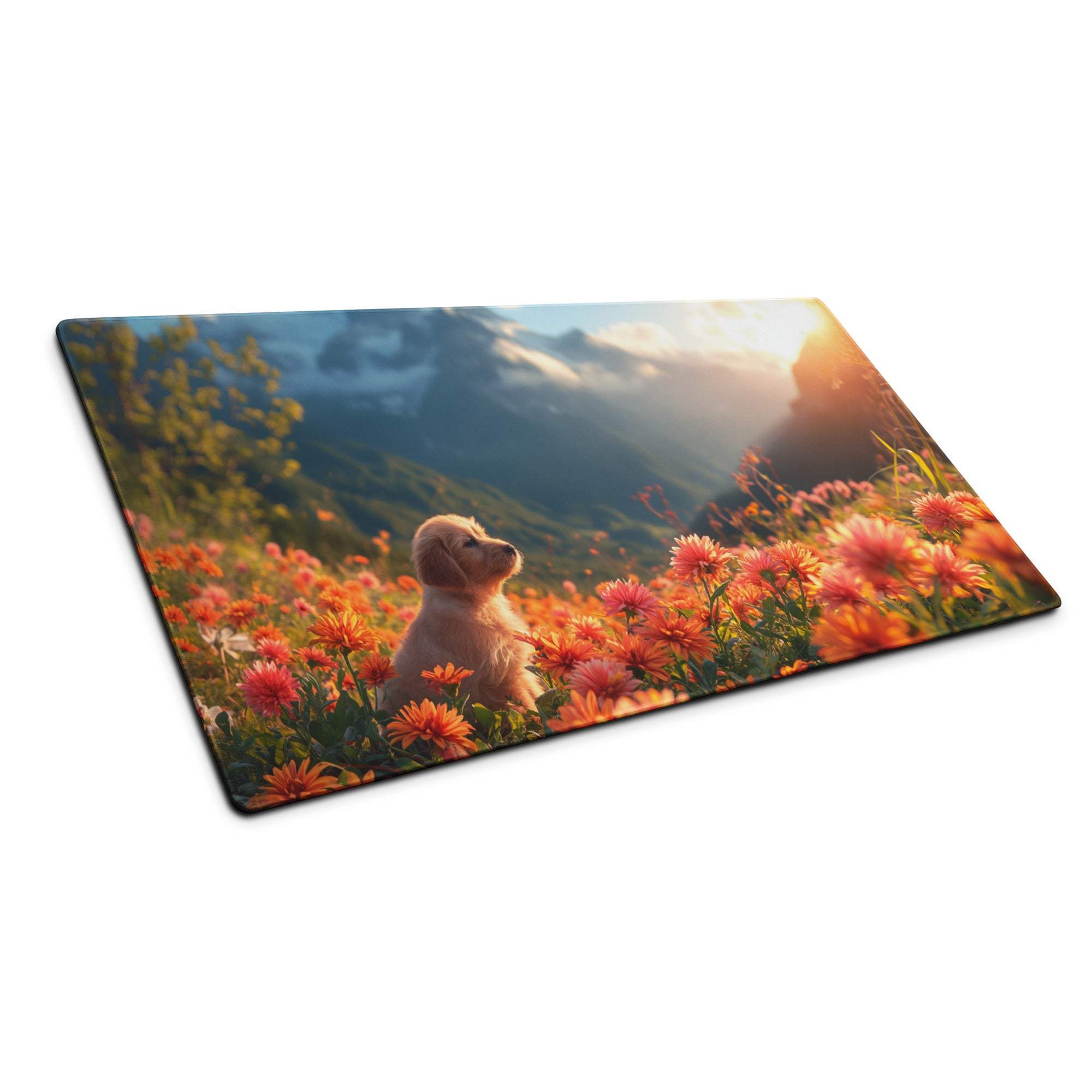 Golden retriever puppy on floral field large gaming mouse pad