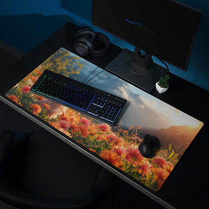 Vivid floral field with playful puppy large gaming mouse pad, sunset flowers